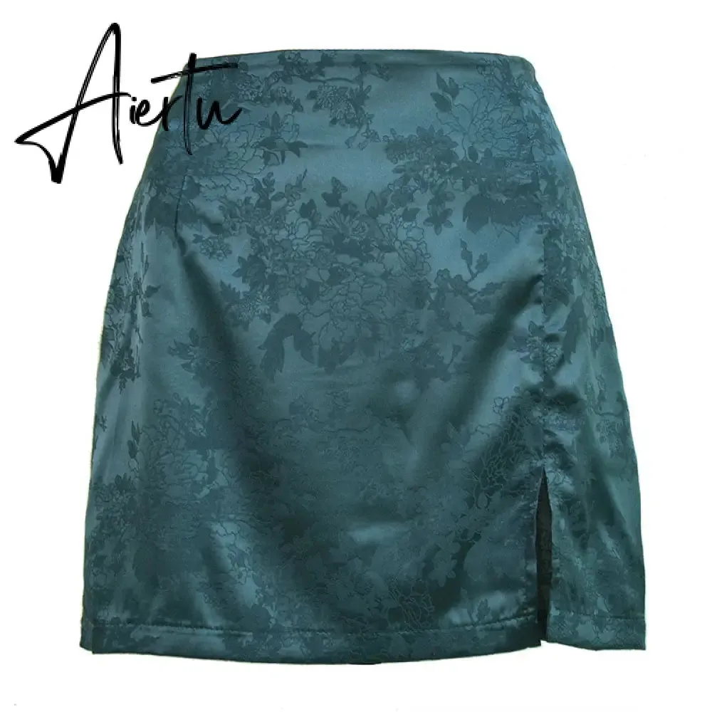 Women Summer Elegant Jacquard Satin Skirt Sexy High Waist Mini Skirt Vintage Zipper Pencil skirt with side Slit Y2K 2000s 90s