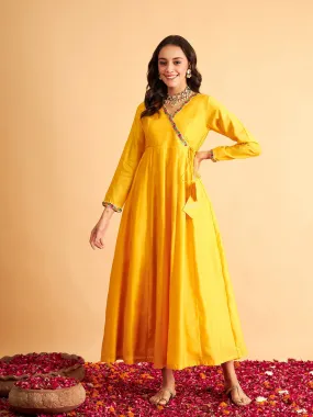 Women Yellow Solid Wrap Neck Anarkali Maxi Dress