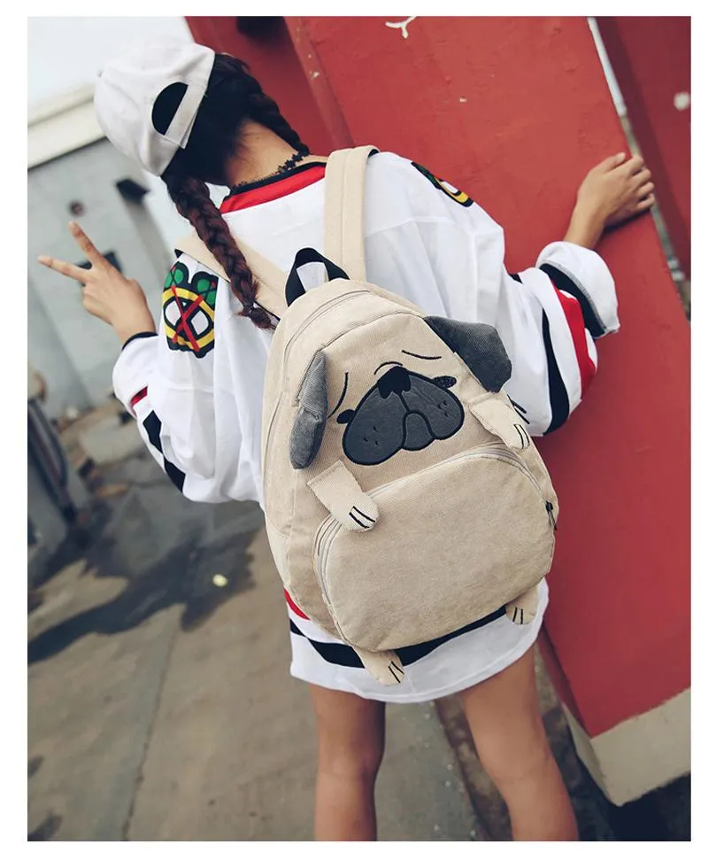 Women's Canvas Cute Dog Fox Ear Embroidery Corduroy Backpack Schoolbag