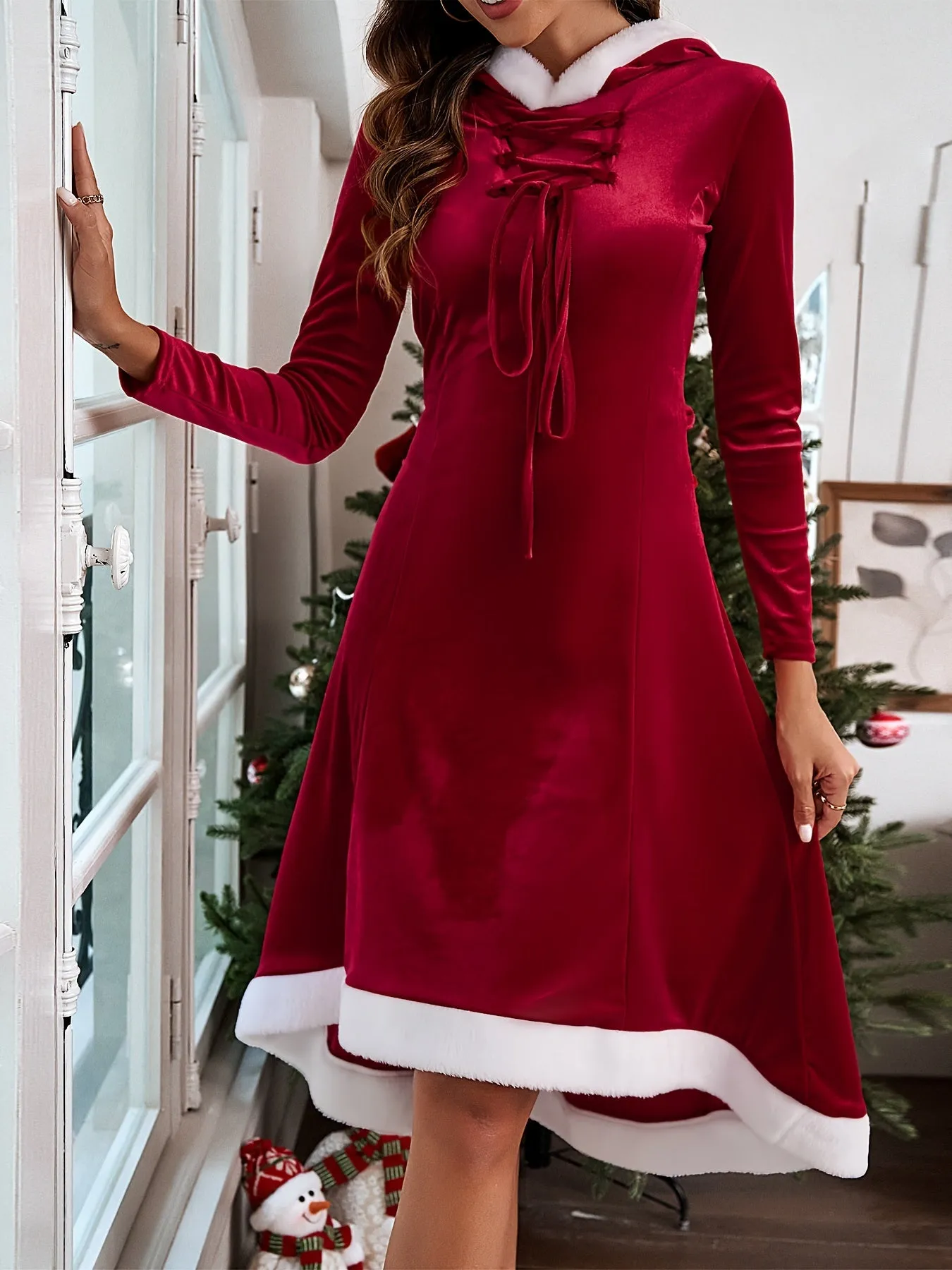 Women's Christmas Crew Neck Dress - Casual Long Sleeve Lace Up Costume with Festive Style for Holiday Season