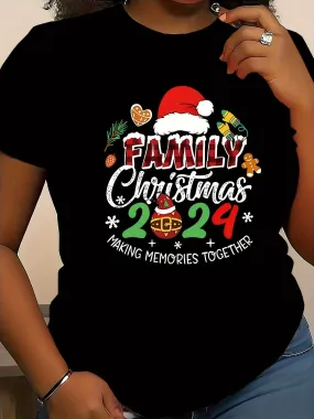 Women's Festive Christmas Family Print T-Shirt - Casual Crew Neck, Short Sleeve, Polyester Blend, Machine Washable