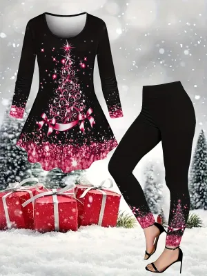 Women's Festive Christmas Tree Print Long Sleeve Dress & High-Waist Leggings Set - Casual, Machine Washable