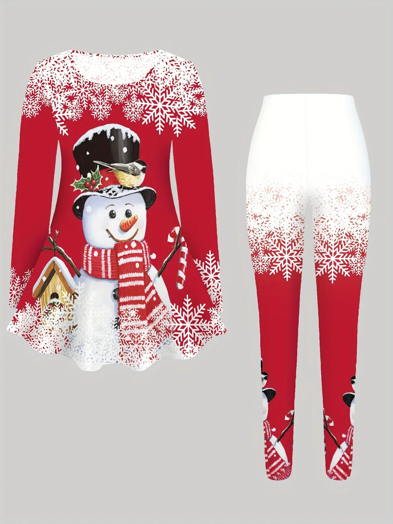 Women's Festive Snowman Print Long Sleeve Top & Leggings Set - Cozy Polyester Blend, Machine Washable