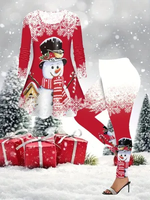 Women's Festive Snowman Print Long Sleeve Top & Leggings Set - Cozy Polyester Blend, Machine Washable