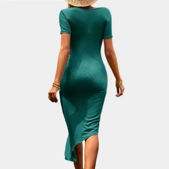 Wrap Cocktail Dress Short Sleeve Green Midi Dress