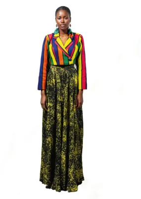 Yeside Laguda Obollo Crop Jacket, the combination of multi-colored Aso-Oke fabric and a yellow-cracking