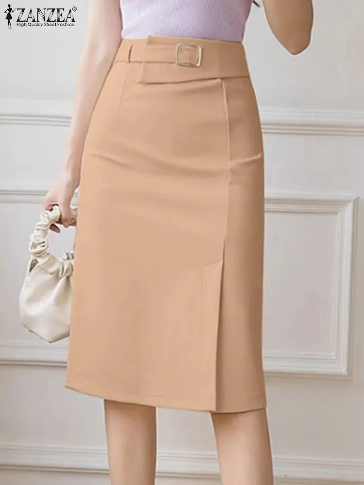 ZANZEA Fashion Pencil Skirt Woman Vintage Zipper Midi Skirts Elegant Work Slim Overskirts Female Split Hem Button Solid Dresses